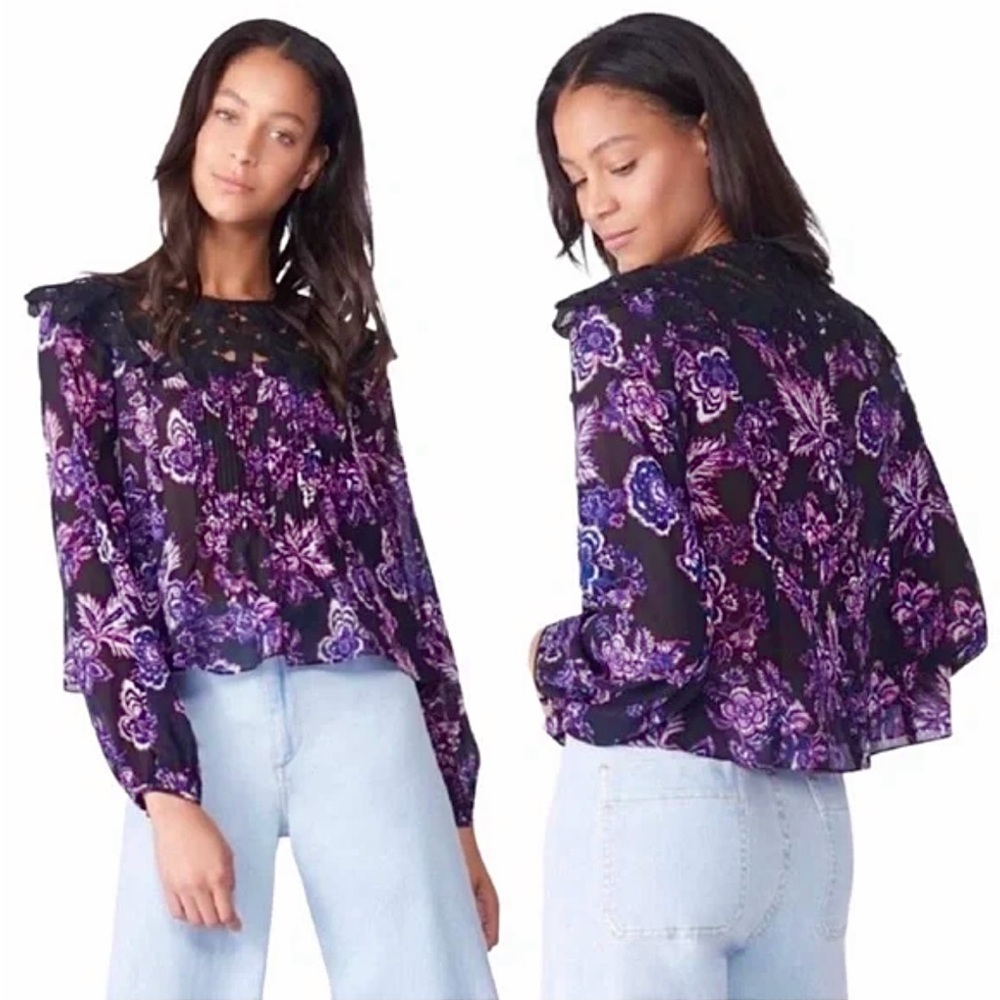 Veronica Beard 100% Silk Sheer Floral Lace Black and Purple Clem Blouse